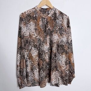 NYDJ Snake Print Blouse Long Sleeves Pleated Front Large Black Brown Casual‎